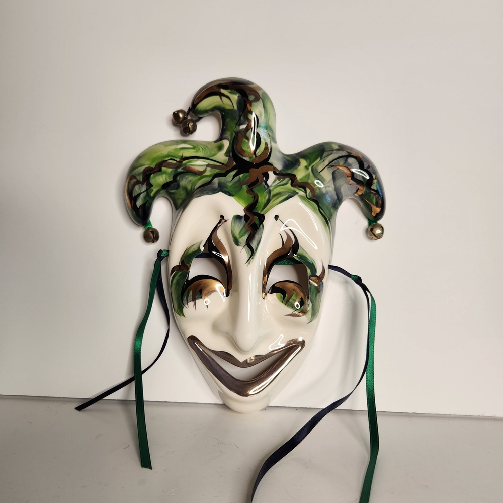 VINTAGE - Green and Brown Ceramic Mask with Theatrical Flair